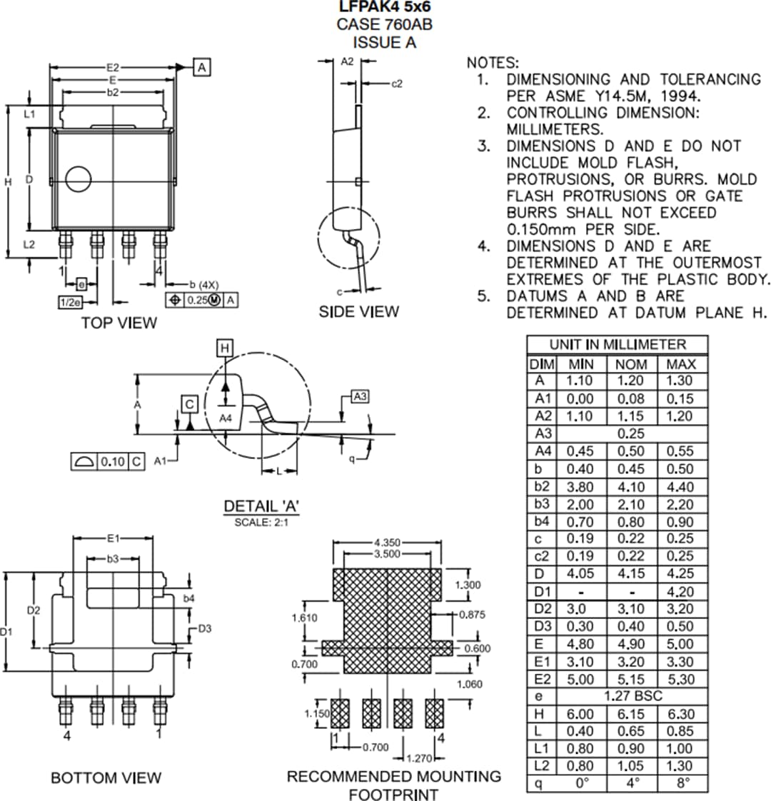 機械図面 - onsemi LFPAK4車載用パワーMOSFET
