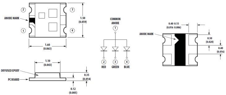 機械図面 - Broadcom HSMF-C114 3色チップLED