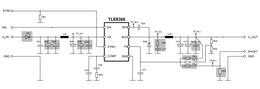 回路図 - Infineon Technologies TLE8366EVデモボード