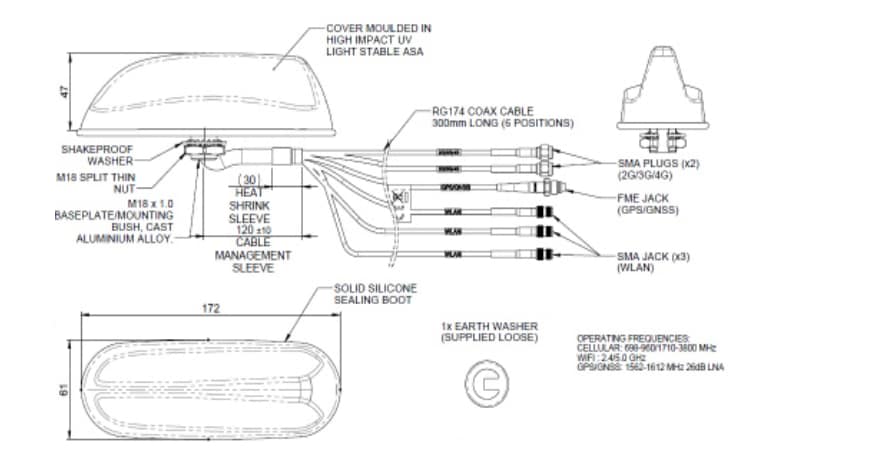 機械図面 - TE Connectivity マルチ機能MIMOアンテナ