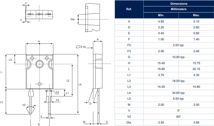 機械図面 - STMicroelectronics STBR3008-Y & STBR6008-Yブリッジ整流器ダイオード