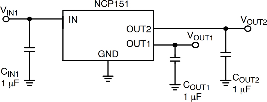 アプリケーション回路図 - onsemi NCP151 LDOレギュレータ
