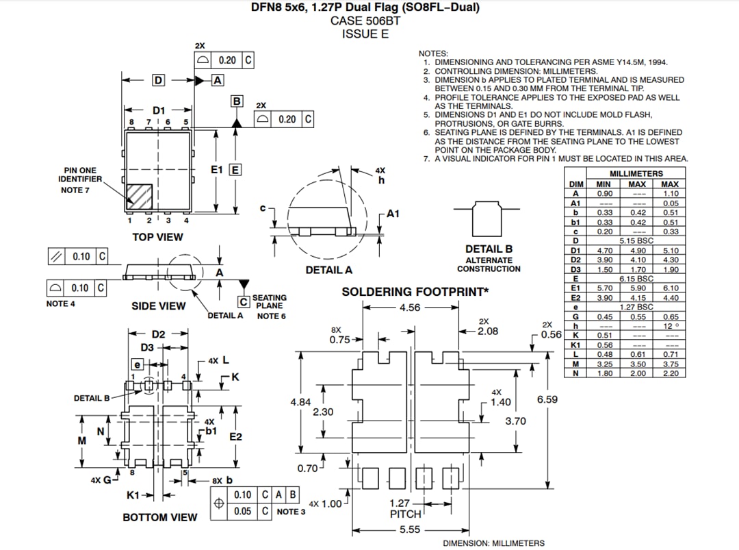 機械図面 - onsemi NVMFD6H852NL 80V 25A車載用パワーMOSFET