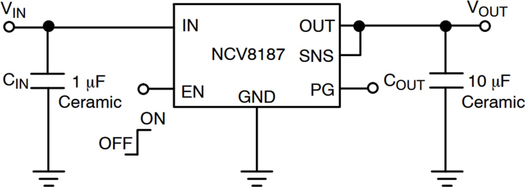 アプリケーション回路図 - onsemi NCV8187 1.2A LDOリニア電圧レギュレータ