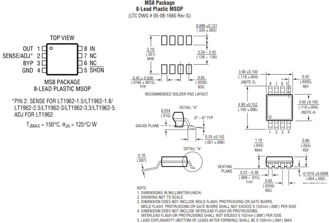 機械図面 - Analog Devices Inc. LT1962 300mA低ノイズMicropower LDOレギュレータ