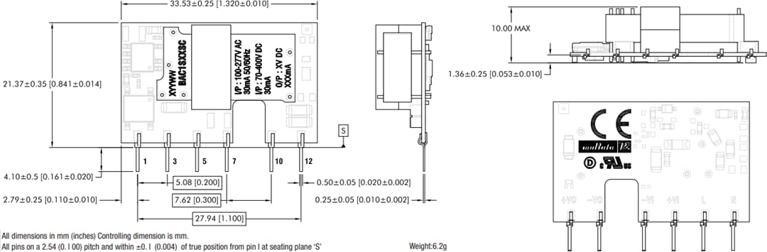 機械図面 - Murata Power Solutions BAC1絶縁1W AC-DCコンバータ