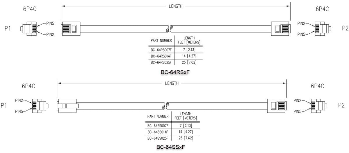 機械図面 - Bel BC-64 RJ11パッチコードケーブル