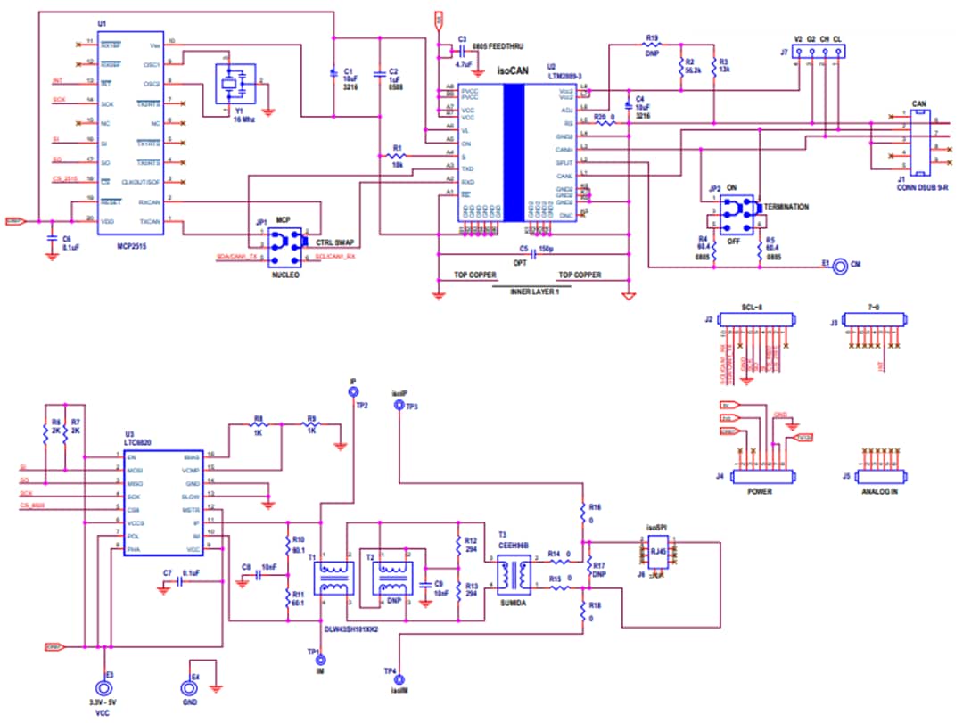 回路図 - Analog Devices Inc. DC2617A isoSPI™/isocan Arduinoシールド