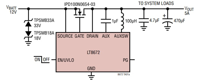 アプリケーション回路図 - Analog Devices Inc. LT8672アクティブ整流器コントローラ