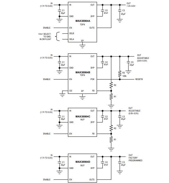 アプリケーション回路図 - Analog Devices / Maxim Integrated MAX38904A/B/C/Dリニア・レギュレータ