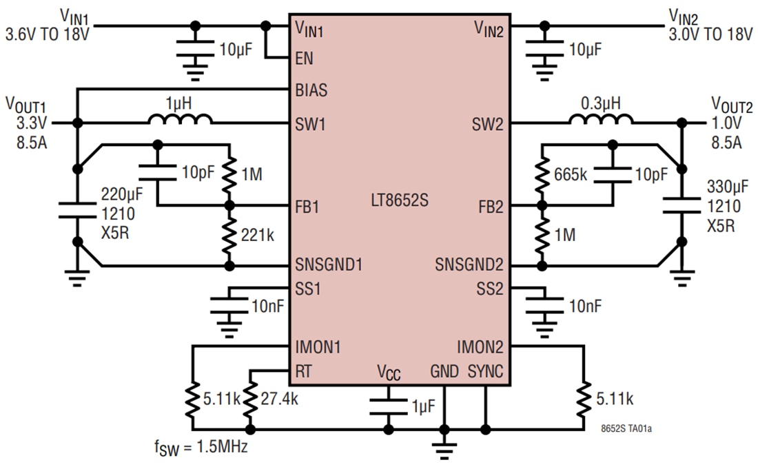 アプリケーション回路図 - Analog Devices Inc. LT8652S降圧型Silent Switcher®レギュレータ