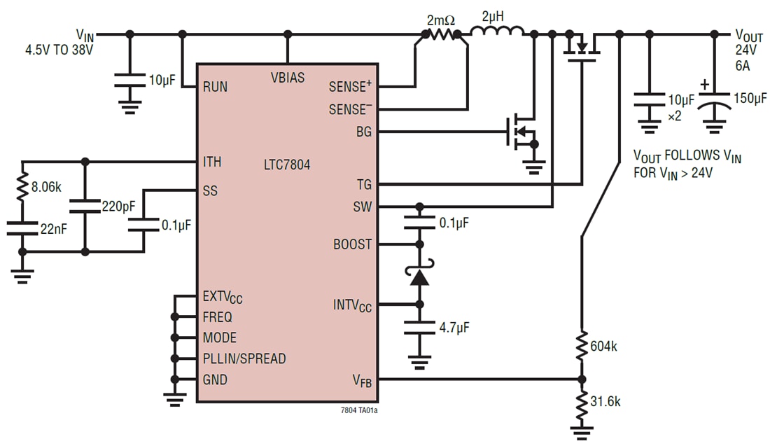 アプリケーション回路図 - Analog Devices Inc. LTC7804低IQ同期ブーストコントローラ