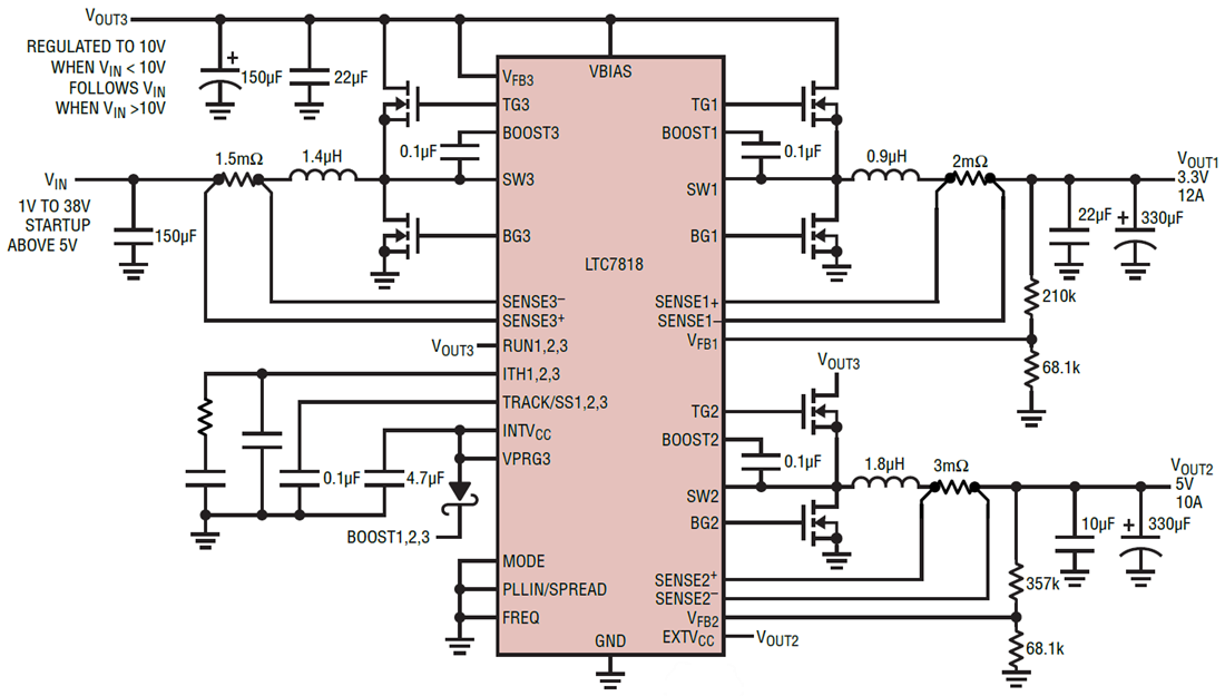 アプリケーション回路図 - Analog Devices Inc. LTC7818トリプル出力同期コントローラ