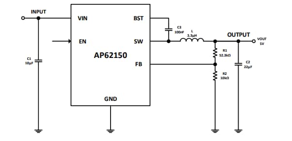 アプリケーション回路図 - Diodes Incorporated AP62150同期降圧コンバータ