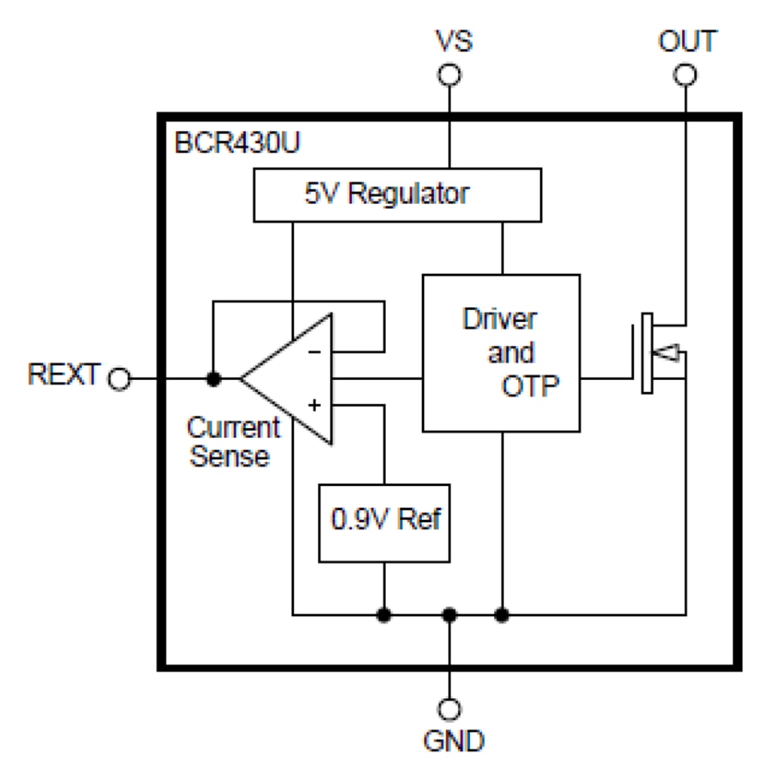 ブロック図 - Diodes Incorporated BCR430U LDO電圧リニアLEDドライバ