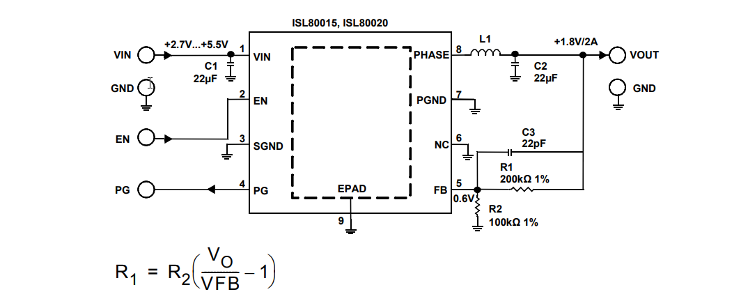 アプリケーション回路図 - Renesas Electronics ISL80020x/ISL80015xコンパクト同期バックコンバータ