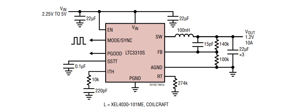 アプリケーション回路図 - Analog Devices Inc. LTC3310S同期降圧型Silent Switcher® 2