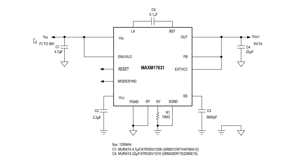 アプリケーション回路図 - Analog Devices Inc. MAXM17630、MAXM17631、MAXM17632パワーモジュール