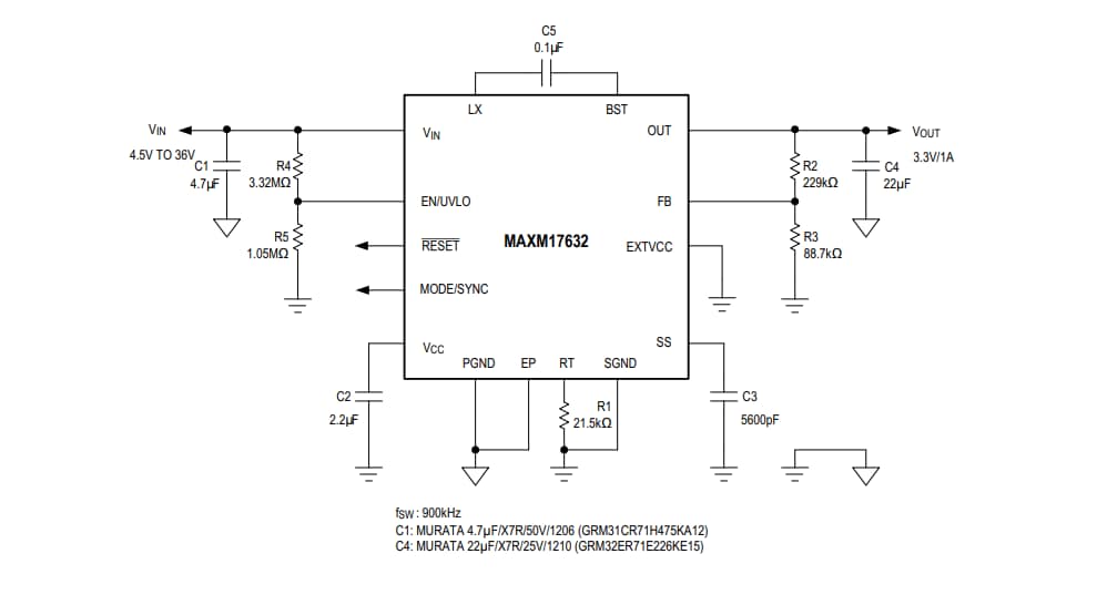 アプリケーション回路図 - Analog Devices Inc. MAXM17630、MAXM17631、MAXM17632パワーモジュール