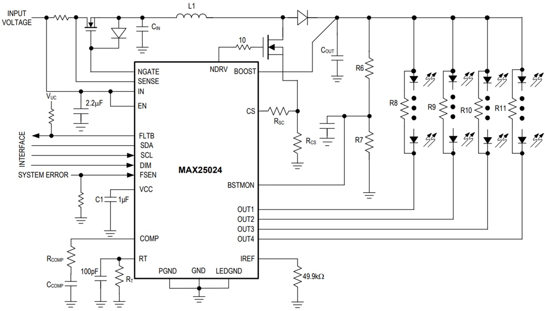 アプリケーション回路図 - Analog Devices Inc. MAX25024 4チャンネルLEDドライバ
