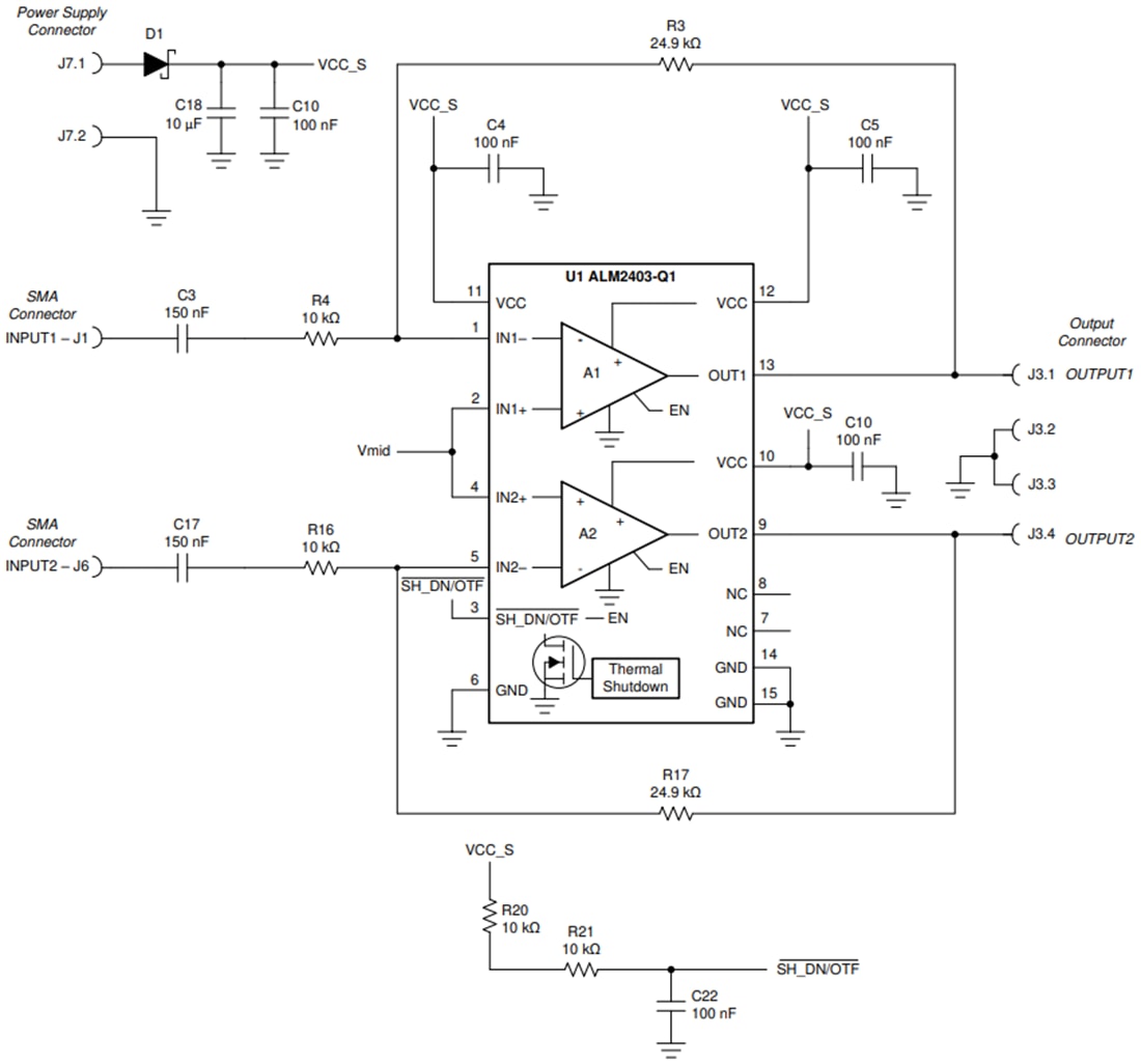 回路図 - Texas Instruments ALM2403Q1EVMオペアンプ評価モジュール（EVM）
