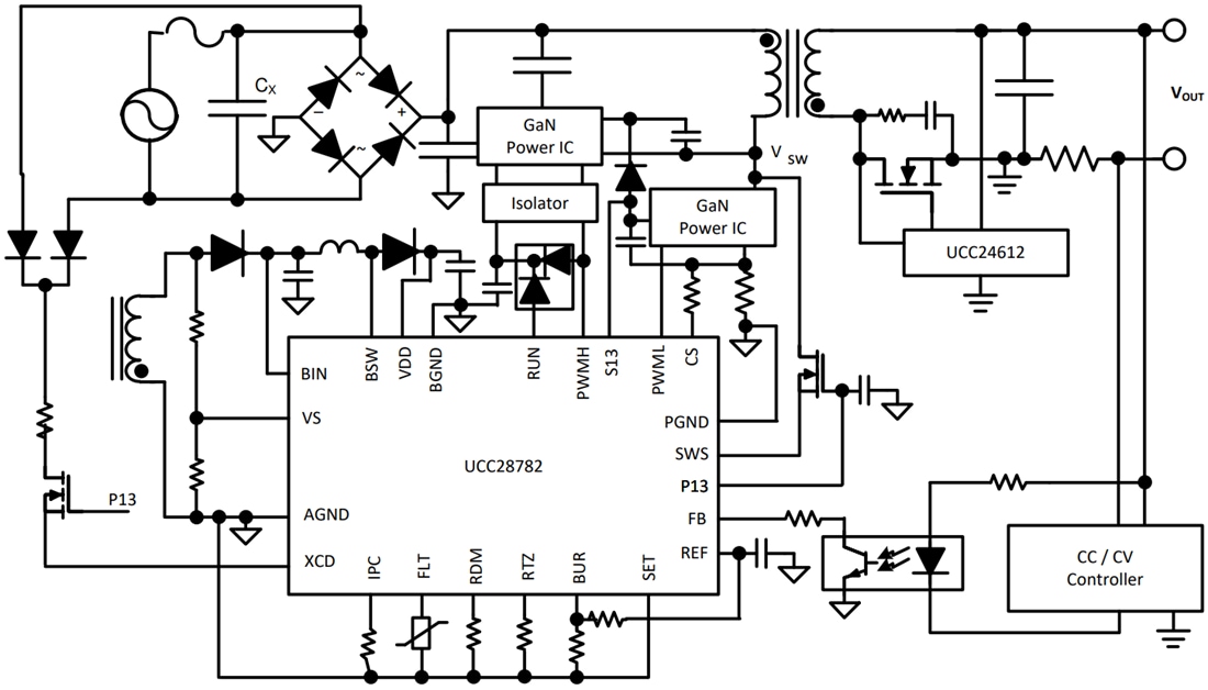 回路図 - Texas Instruments UCC28782 アクティブクランプフライバック（ACF）コントローラ