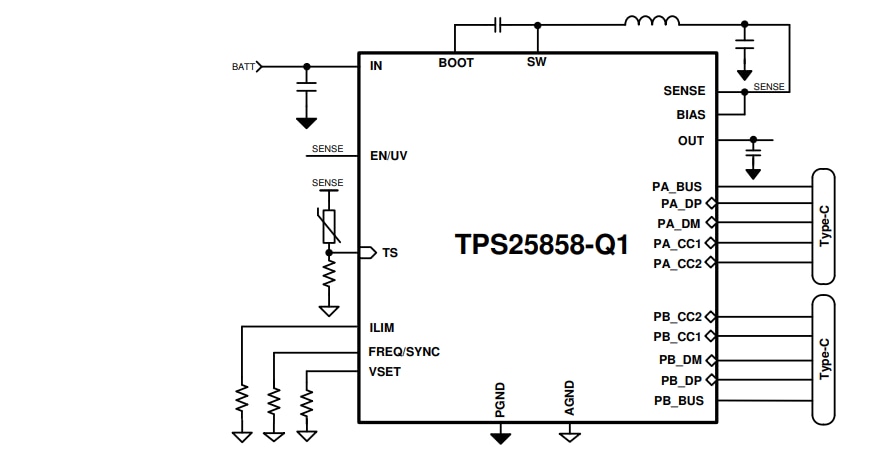 回路図 - Texas Instruments TPS25858-Q1 USB Type-C®充電ポートコントローラ