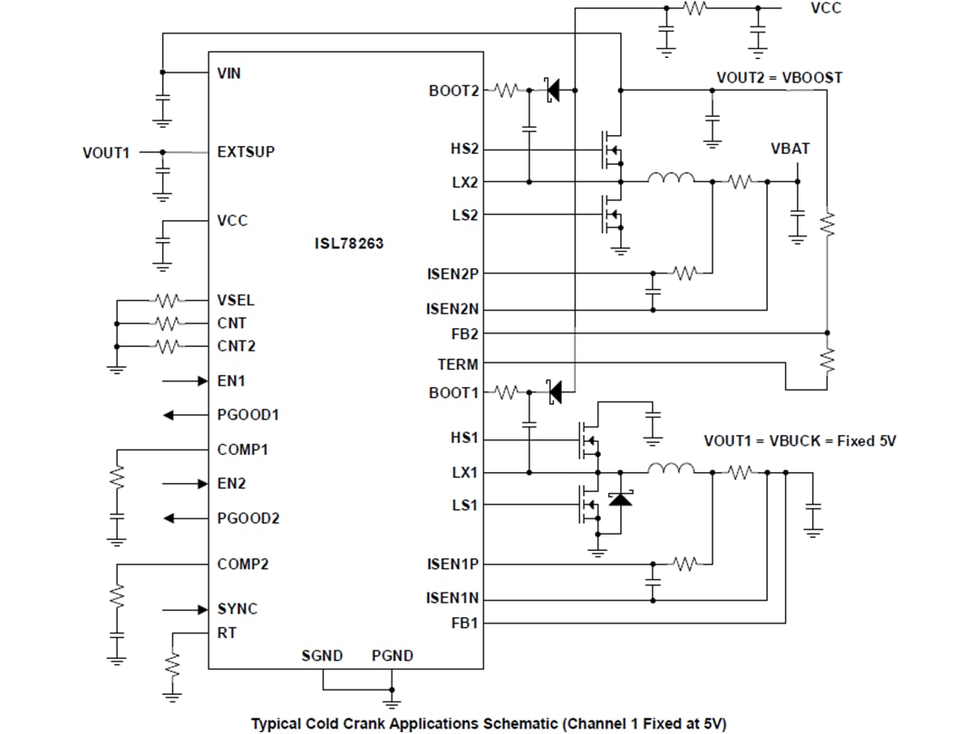 Renesas Electronics ISL78263コールドクランク・ブーストおよびバック・コントローラ