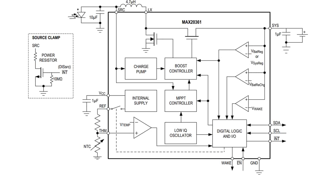 アプリケーション回路図 - Analog Devices Inc. MAX20361単一/多重セル太陽光発電機