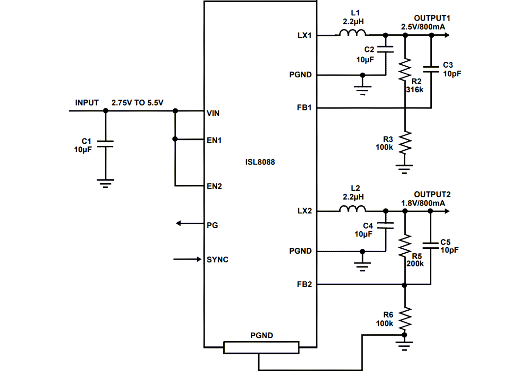 アプリケーション回路図 - Renesas Electronics ISL8088同期バックレギュレータ