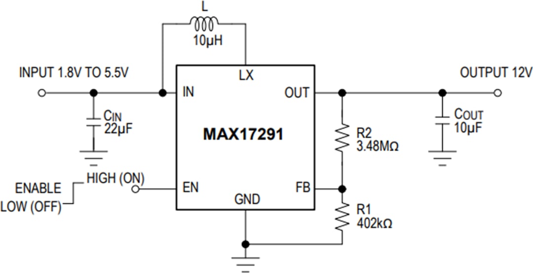 アプリケーション回路図 - Analog Devices Inc. MAX17291A マイクロパワー昇圧コンバータ