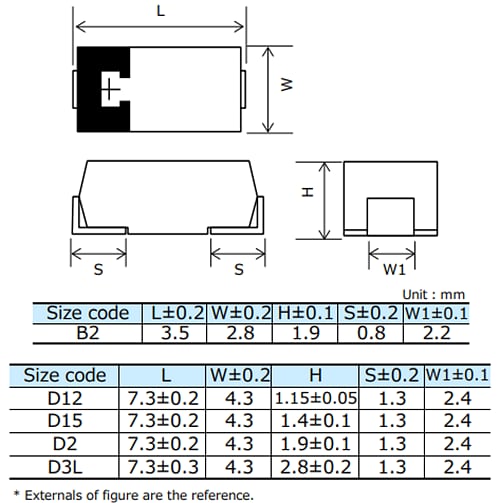 機械図面 - Panasonic Electronic Components POSCAP™ TQC高分子タンタル固体コンデンサ