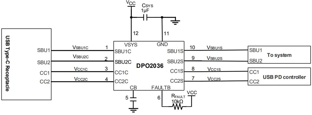 アプリケーション回路図 - Diodes Incorporated DPO2036データ線過電圧保護スイッチ