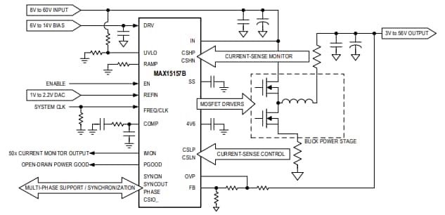 アプリケーション回路図 - Analog Devices Inc. MAX15157 60V電流モードの降圧コントローラ