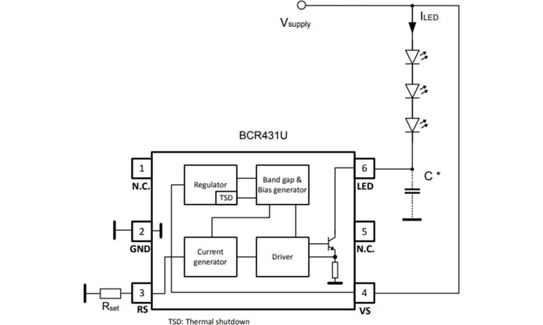 アプリケーション回路図 - Infineon Technologies BCR431U線形低電圧ドロップLEDドライバ