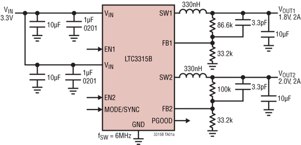 アプリケーション回路図 - Analog Devices Inc. LTC3315BデモボードDC2748