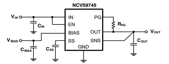 アプリケーション回路図 - onsemi NCV59745リニア電圧レギュレータ