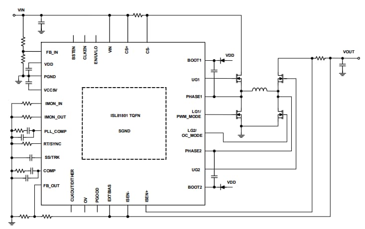 アプリケーション回路図 - Renesas Electronics ISL81801 80Vバックブーストコントローラ