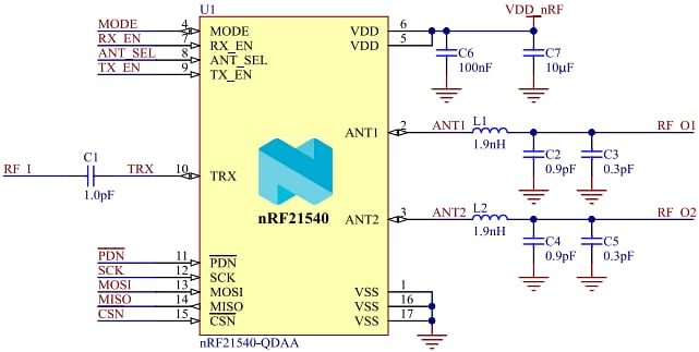 アプリケーション回路図 - Nordic Semiconductor nRF21540 RFフロントエンド・モジュール