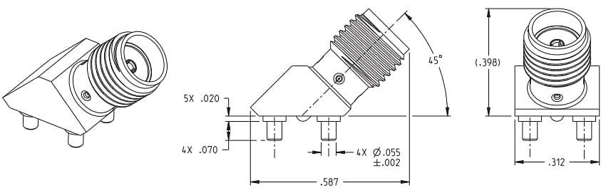 機械図面 - Johnson / Cinch Connectivity Solutions 45° PCBマウントSMAコネクタ