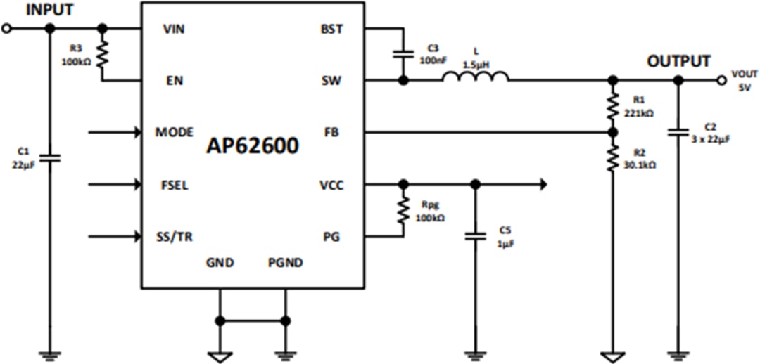 アプリケーション回路図 - Diodes Incorporated AP62600同期降圧コンバータ