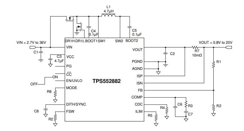 アプリケーション回路図 - Texas Instruments TPS552882/TPS552882-Q1バックブーストコンバータ