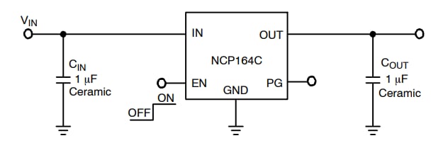 アプリケーション回路図 - onsemi NCP164 LDO レギュレータ
