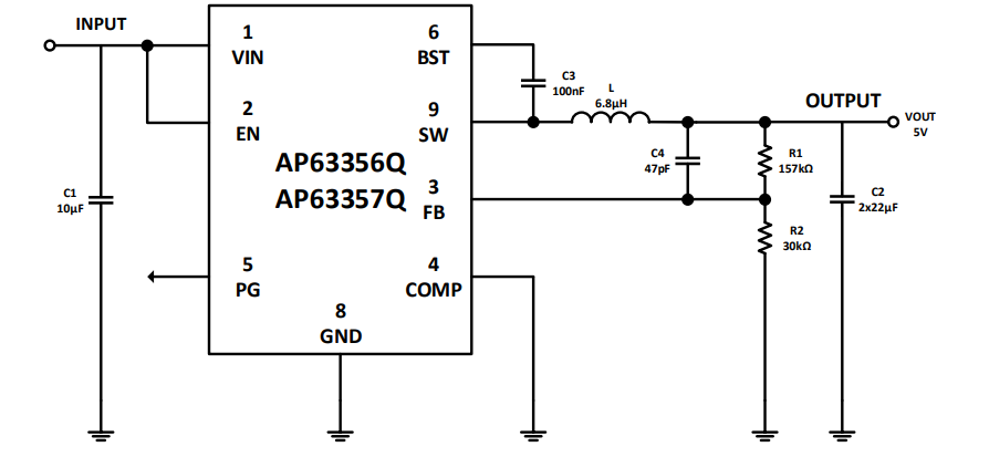 回路図 - Diodes Incorporated AP63356/7-EVM評価用ボード