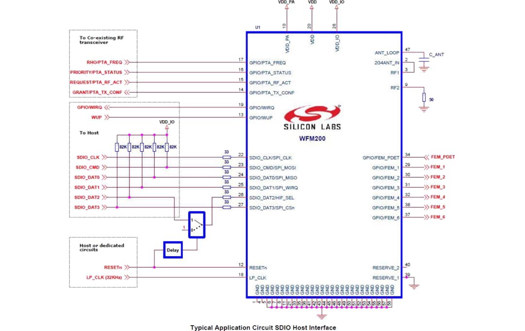 アプリケーション回路図 - Silicon Labs WFM200Sシリーズ2 Wi-Fi® SiPモジュール