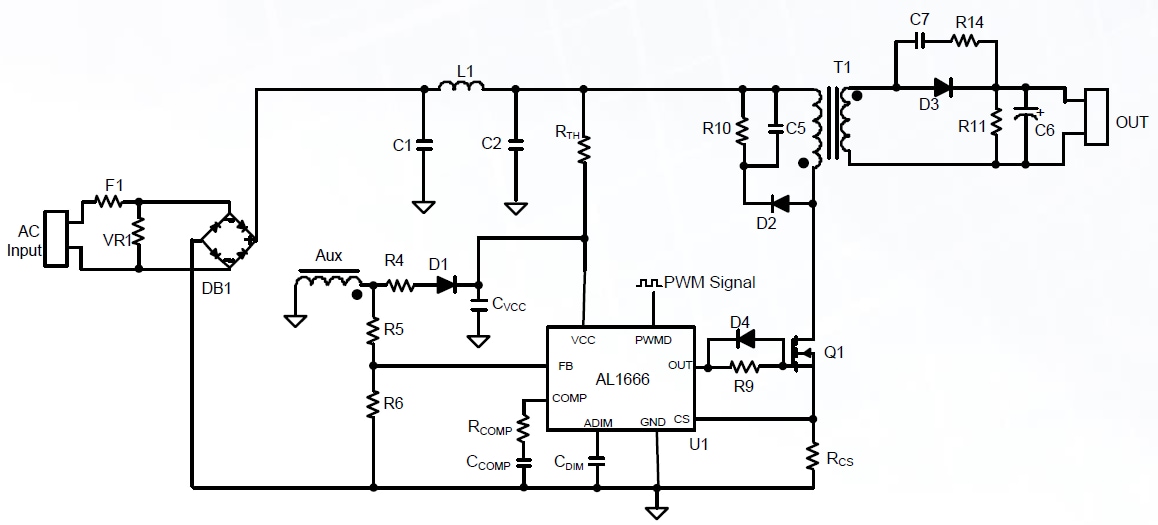 アプリケーション回路図 - Diodes Incorporated AL1666 LEDドライバコントローラ
