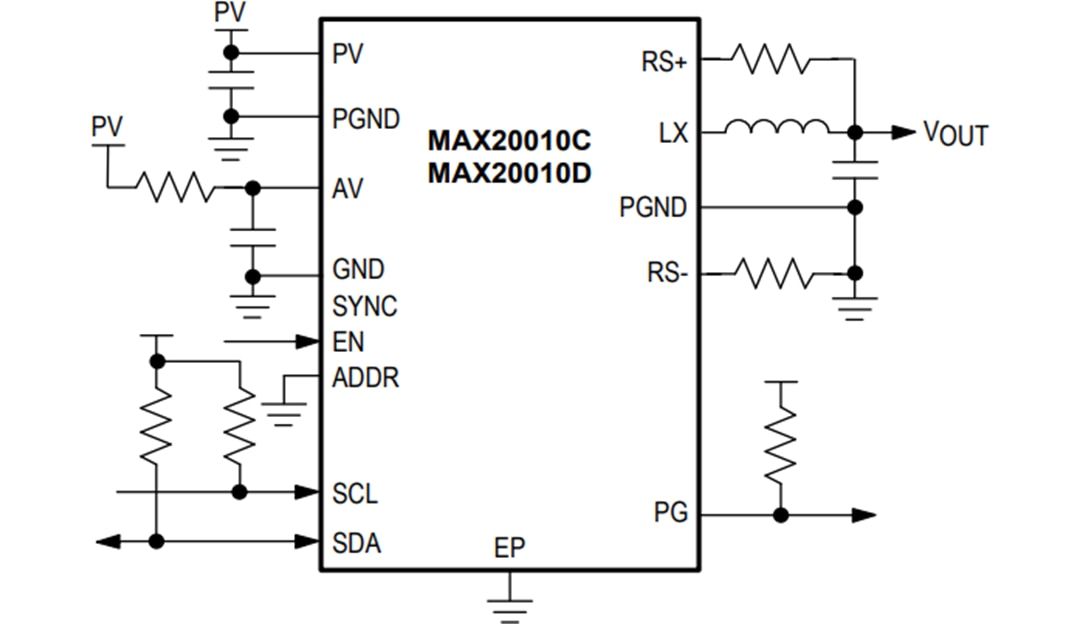 アプリケーション回路図 - Analog Devices Inc. MAX20010x降圧コンバータ