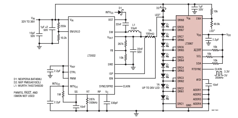 アプリケーション回路図 - Analog Devices Inc. LT3967 LED照明ドライバ