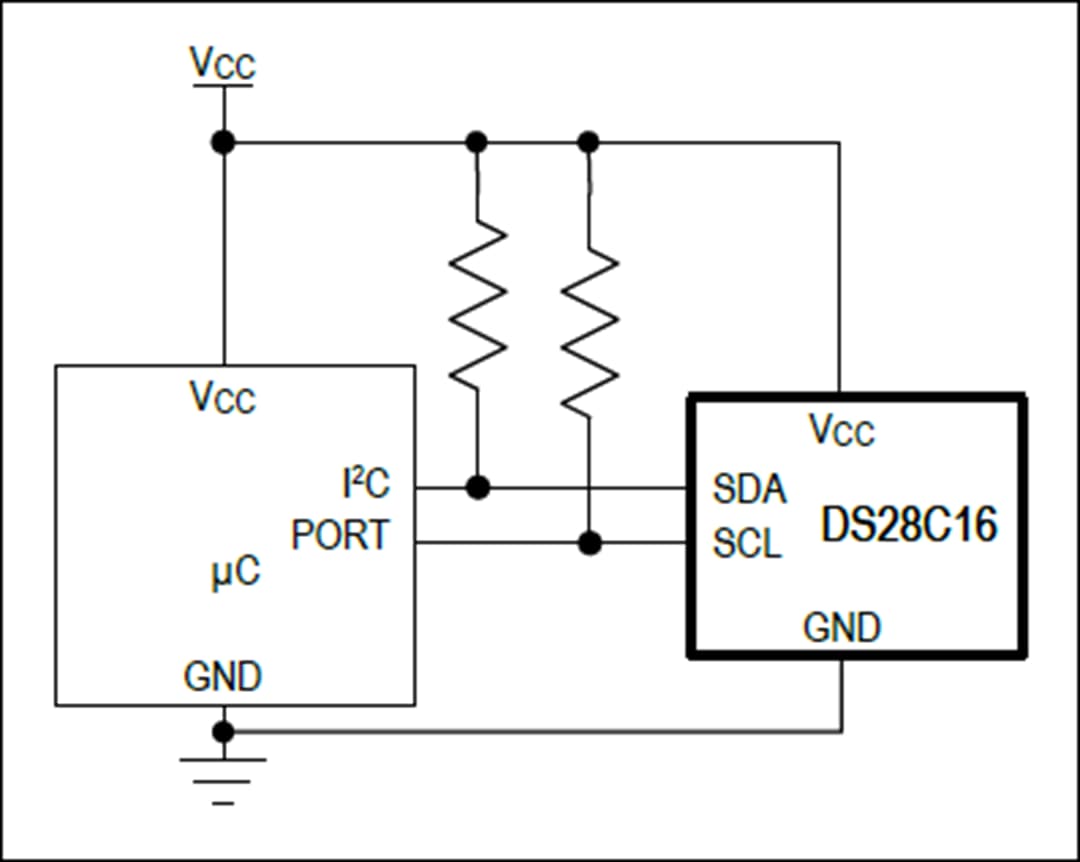 アプリケーション回路図 - Analog Devices Inc. DS28C16 DeepCover® SHA-3 I2C認証システム
