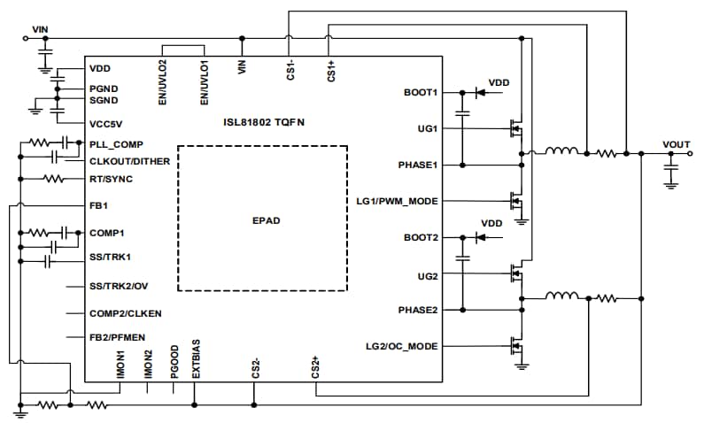 アプリケーション回路図 - Renesas Electronics ISL81802デュアル同期バックコントローラ